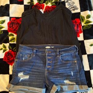 old navy blouse with ripped jeans shorts